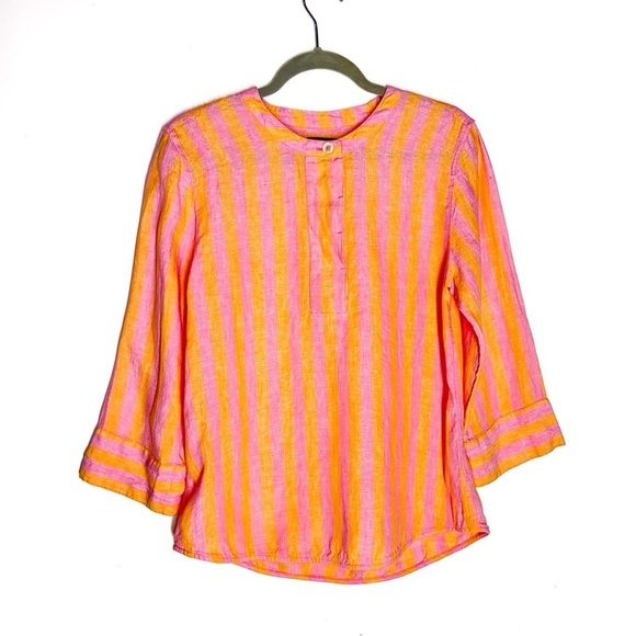 J. Crew Tops - J. Crew 100% Linen Pink and Orange Striped Popover Shirt 3/4 Sleeves Size XS